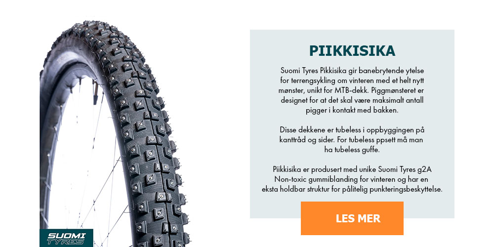 Suomi Tyres Piikkisika gir banebrytende ytelse for terrengsykling om vinteren med et helt nytt mønster, unikt for MTB-dekk. Piggmønsteret er designet for at det skal være maksimalt antall pigger i kontakt med bakken. Disse dekkene er tubeless i oppbyggingen på kanttråd og sider. For tubeless oppsett må man ha tubeless guffe. Piikkisika er produsert med unike Suomi Tyres 62A Non-toxic gummiblanding for vinteren og har en ekstra holdbar struktur for pålitelig punkteringsbeskyttelse.